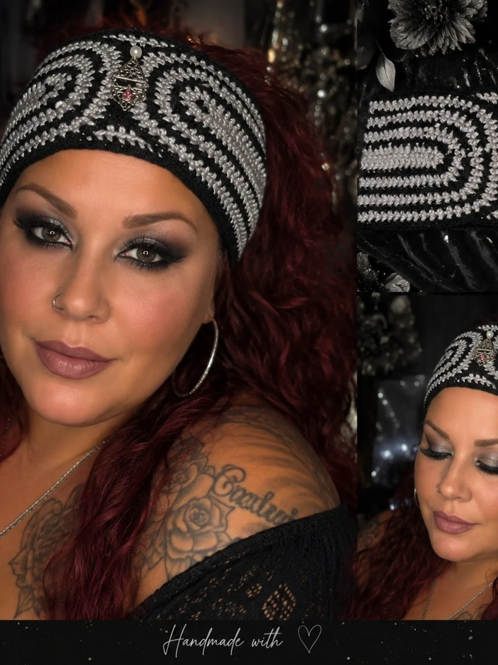 Handmade Black and Silver Crochet Headwrap with Accent Charm
